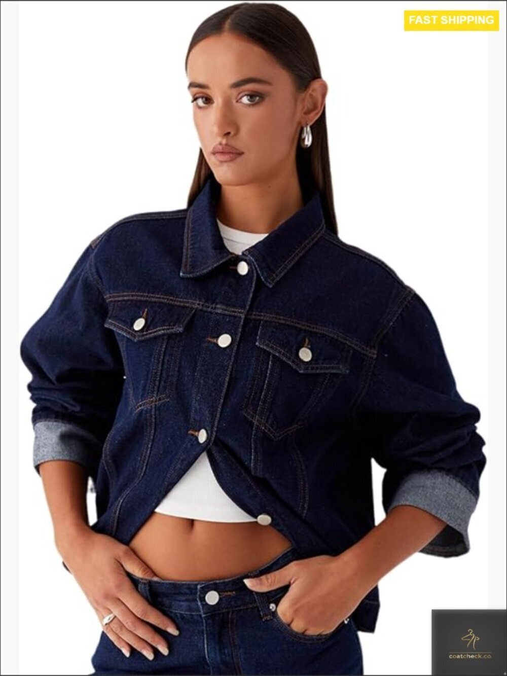 Classic Denim Jacket Collared Folded Cuffs Loose Fit Car Coat Style